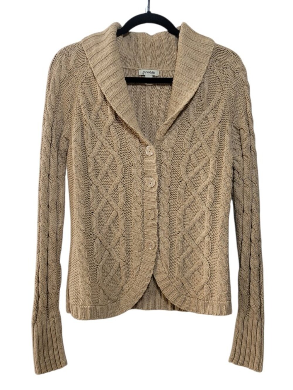 St. Johns Bay Angora Blend Cable Knit Shawl Collar Cardigan Sweater Beige Medium